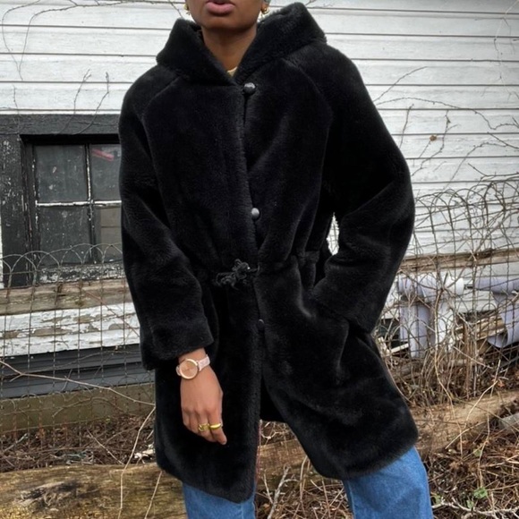 Vintage Jackets & Blazers - *SOLD* Gorgeous Vintage 90s Black Faux Fur Button Down Coat